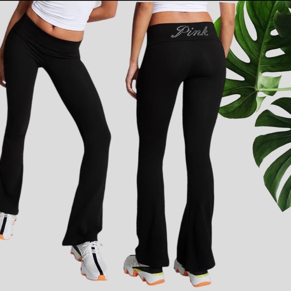 NEW PINK flare BLACK foldover leggings BLING LOGO - Picture 8 of 8